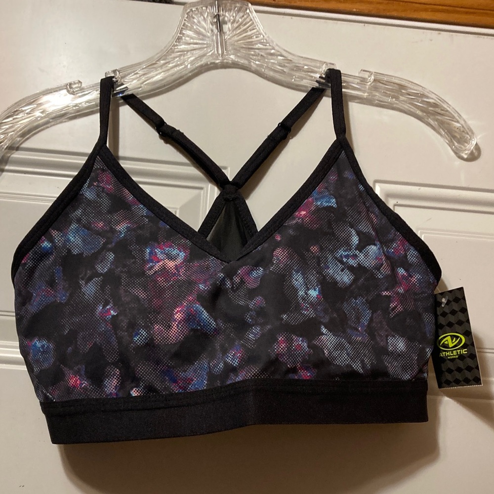 Women's Black Floral-Print Sports Bra‎ L NWT